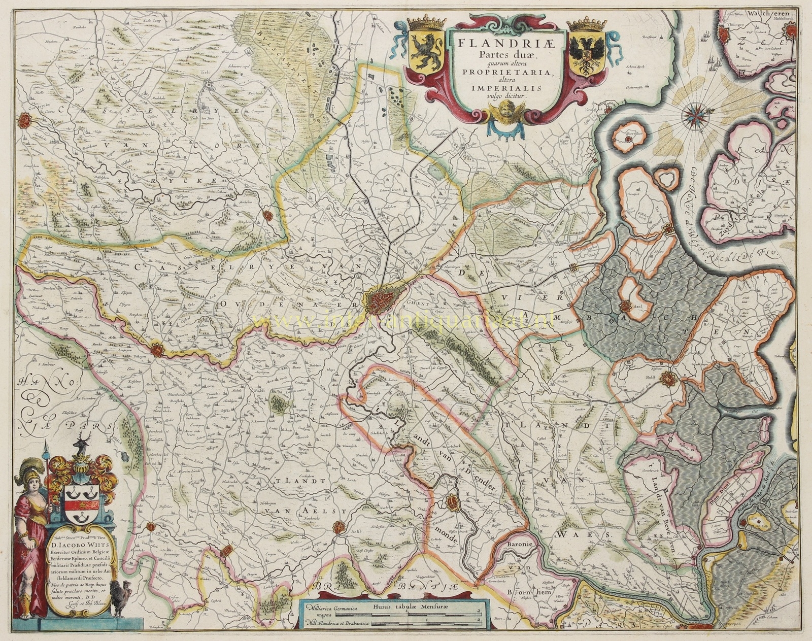 Antieke handgekleurde kaart van Gent, Oost-Vlaanderen, het Waasland en Zeeuws-Vlaanderen, uitgegeven door Willem en Joan Blaeu omstreeks 1643.