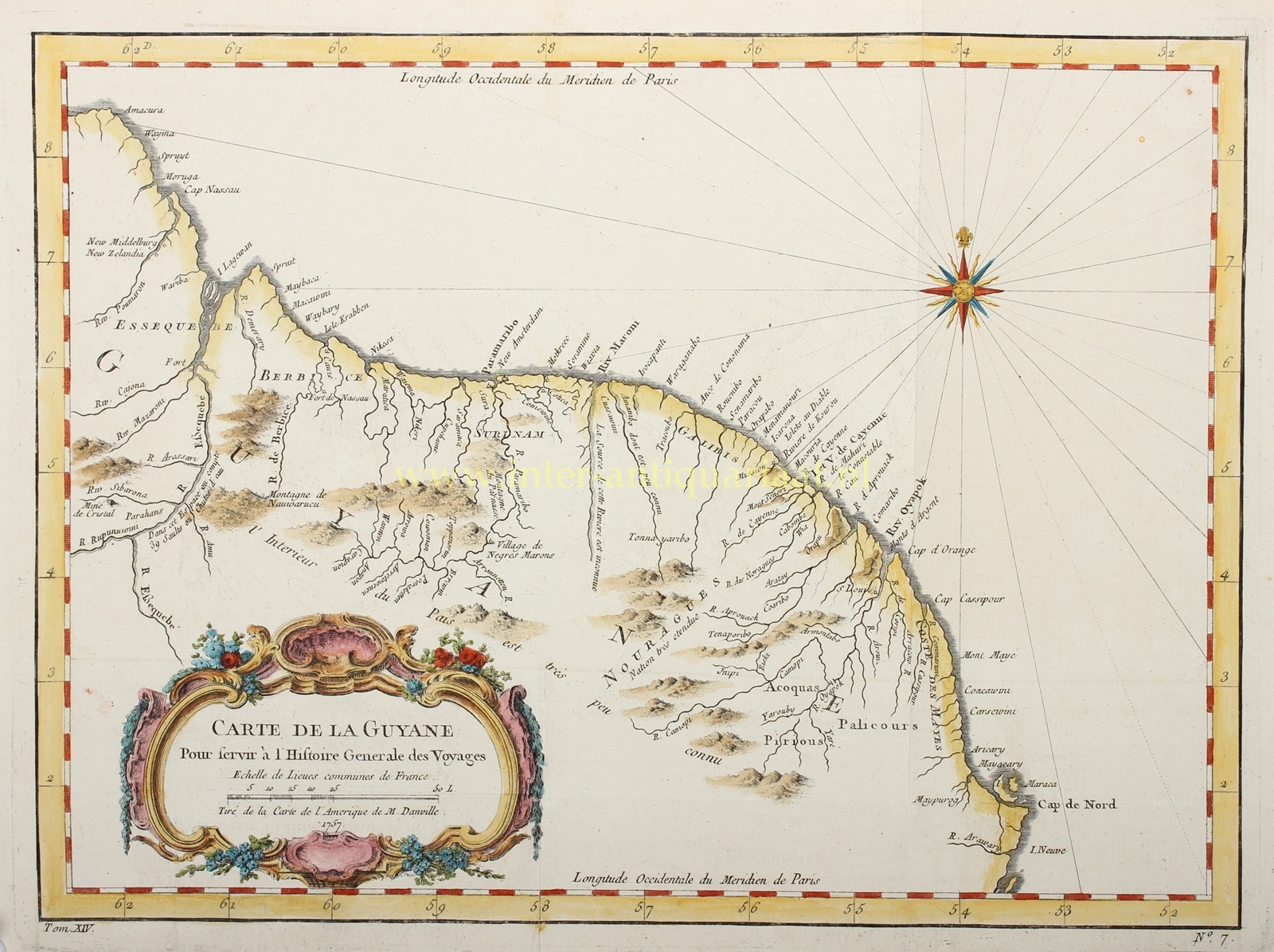 Antieke kaart van Guyana en Suriname uit 1757 door Jacques-Nicolas Bellin, met Nederlandse koloniën, handgekleurde cartouche en kompasroos.