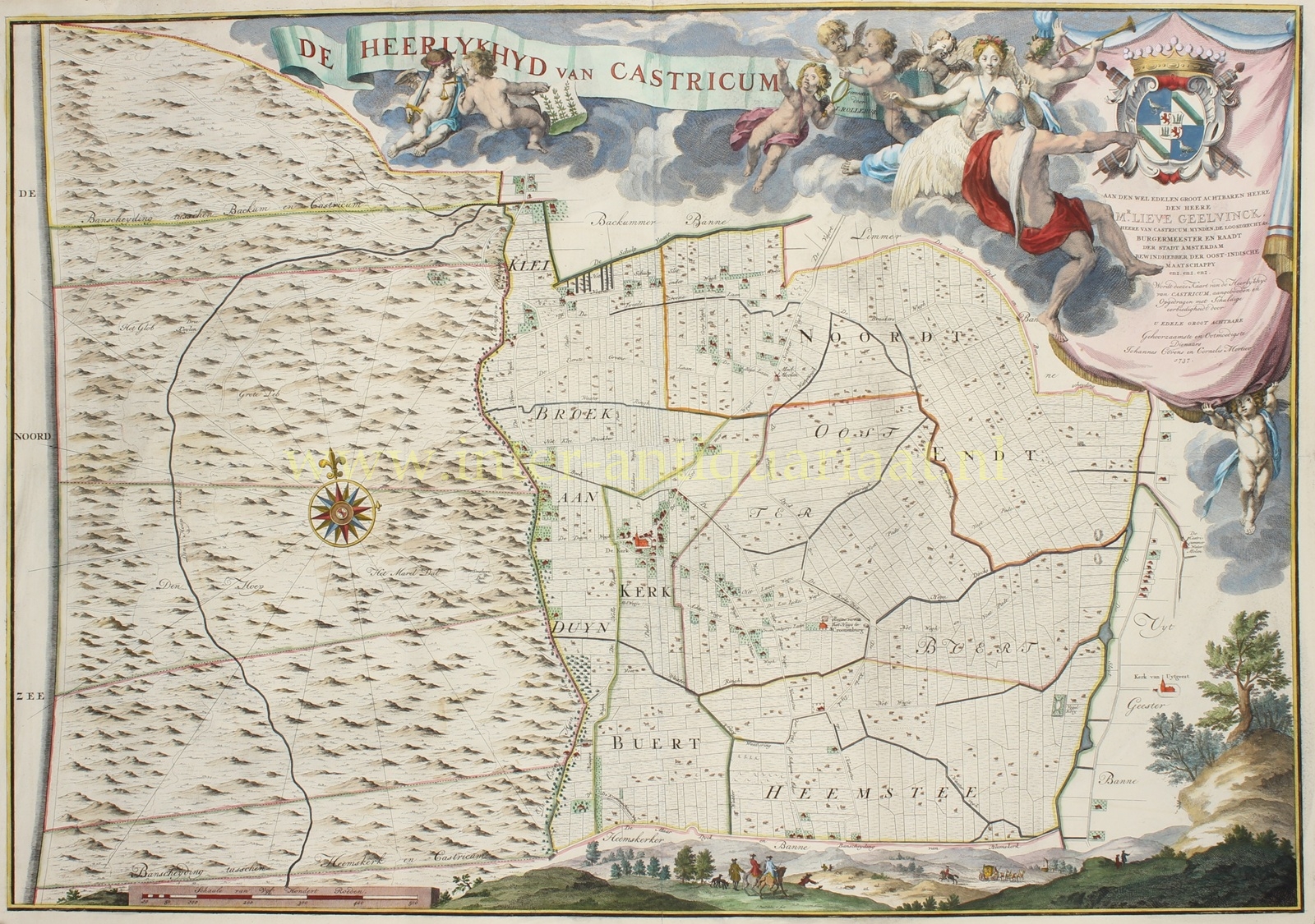 Antieke kaart van de heerlijkheid Castricum uit 1737 door Johannes Rollerus en Jan Punt