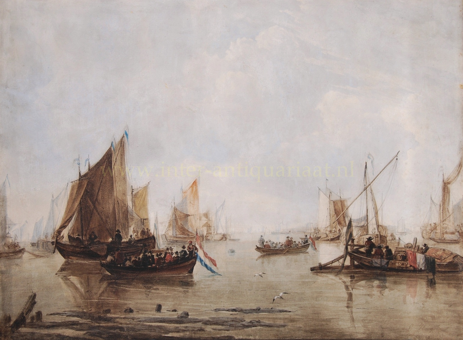 Aquarel met Hollandse schepen op een windstille rivier door Louis Haghe naar Jan van de Cappelle, ca. 1880