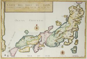 Gekleurde kopergravure van Japan door Jean-Baptiste Tavernier, 1679, met Dejima, Nagasaki, Edo en de route van de Nederlandse VOC-handelaren.