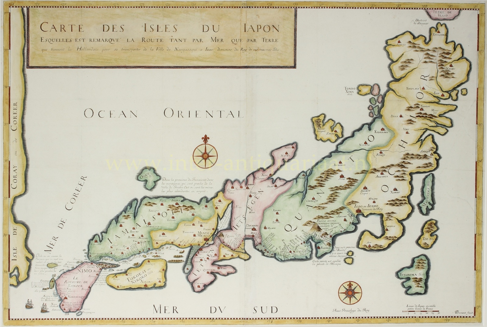 Gekleurde kopergravure van Japan door Jean-Baptiste Tavernier, 1679, met Dejima, Nagasaki, Edo en de route van de Nederlandse VOC-handelaren.