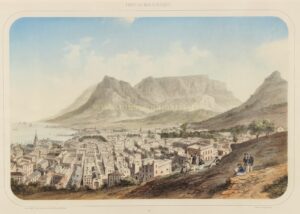 Antiek stadsgezicht van Kaapstad rond 1850, met de Tafelberg, Lion's Head, de haven en de Tafelbaai. Handgekleurde lithografie van Isidore Deroy.