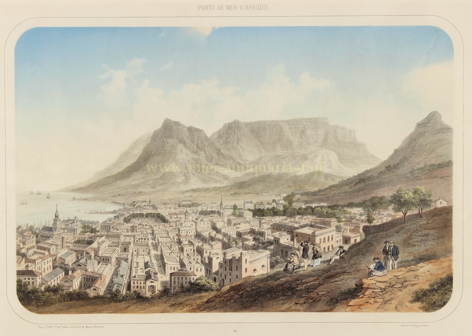 Antiek stadsgezicht van Kaapstad rond 1850, met de Tafelberg, Lion's Head, de haven en de Tafelbaai. Handgekleurde lithografie van Isidore Deroy.