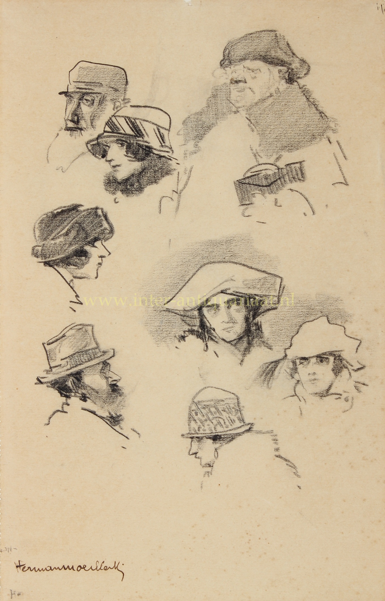 Herman Moerkerk tekening met negen karakterstudies, ca. 1925–1935