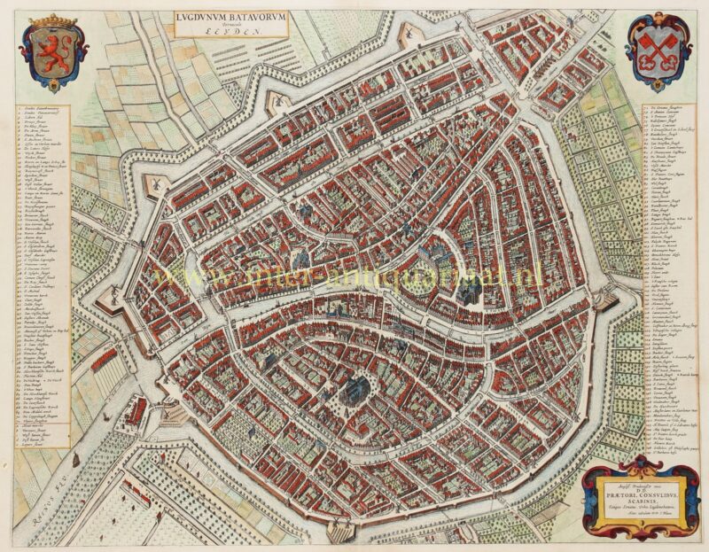 Stadsplattegrond Leiden 1649, originele gravure uitgegeven door Joan Blaeu, handgekleurd met goud en zilver