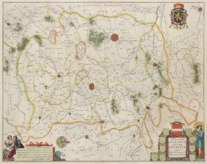 Oude handgekleurde kaart van Leuven en omgeving in Vlaams-Brabant, met Aarschot, Diest en Tienen, uitgegeven door Willem Blaeu rond 1640.