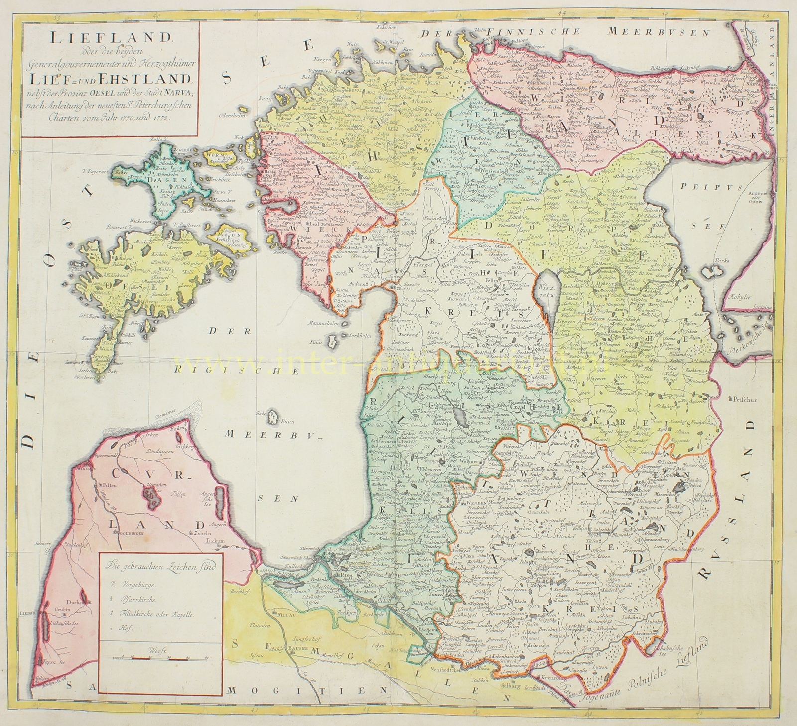 Antieke kaart van Lijfland en Estland door Otto Friedrich von Pistohlkors, 1774