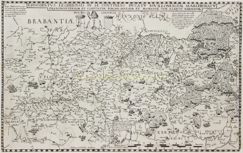 Antieke kaart van het prinsbisdom Luik en Limburg uit 1593, uitgegeven door Cornelis de Jode, met het graafschap Loon en Bouillon.