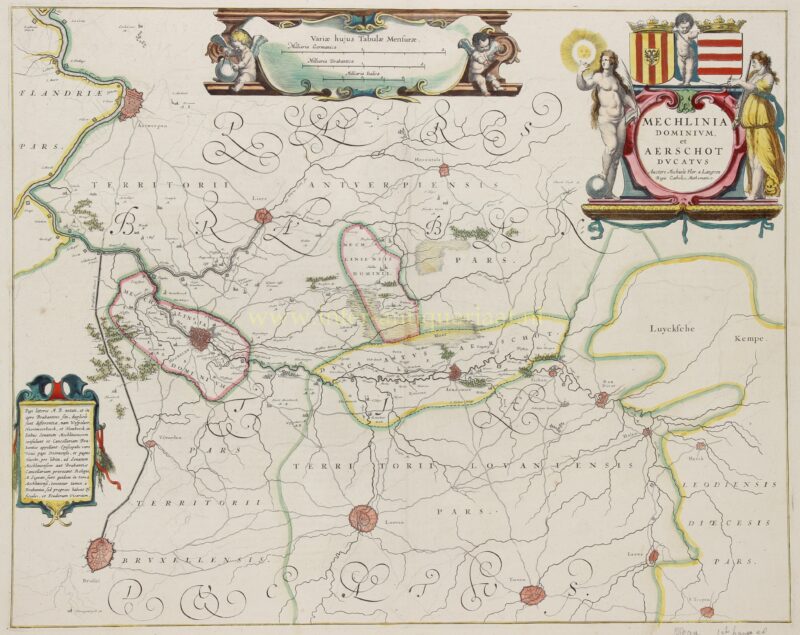 Oude handgekleurde kaart van Mechelen en Aarschot door Blaeu, 1635, met wapenschilden, allegorische figuren en decoratieve cartouches.