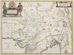 Antieke kaart van India en het Mogolrijk, Johannes Janssonius, midden 17e eeuw, originele kopergravure.