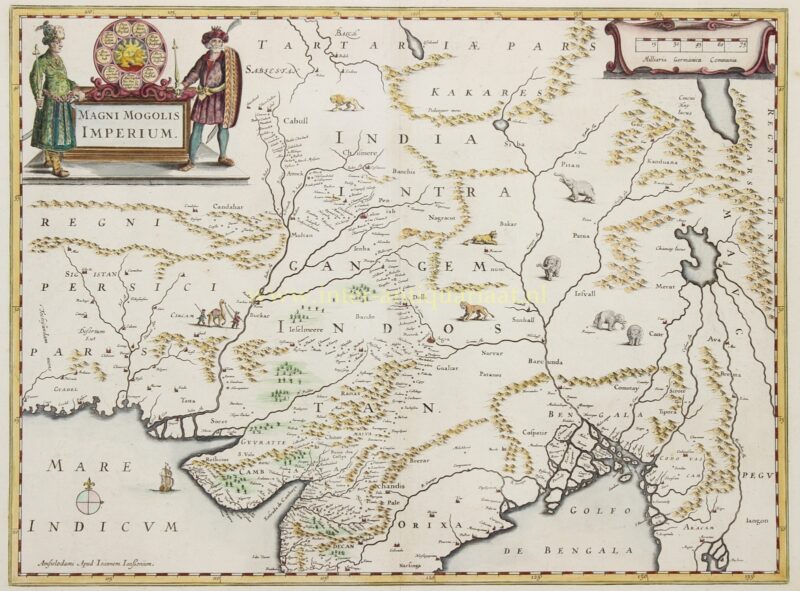 Antieke kaart van India en het Mogolrijk, Johannes Janssonius, midden 17e eeuw, originele kopergravure.