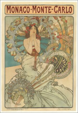 Alphonse Mucha Monaco Monte-Carlo affiche 1897, originele Art Nouveau kleurenlithografie