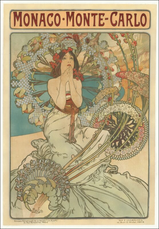 Alphonse Mucha Monaco Monte-Carlo affiche 1897, originele Art Nouveau kleurenlithografie