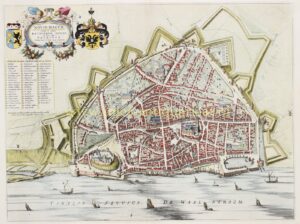 Oude kaart van Nijmegen uit 1649 door Joan Blaeu, met vestingwerken, de Waal, het Valkhof en de Sint-Stevenskerk.
