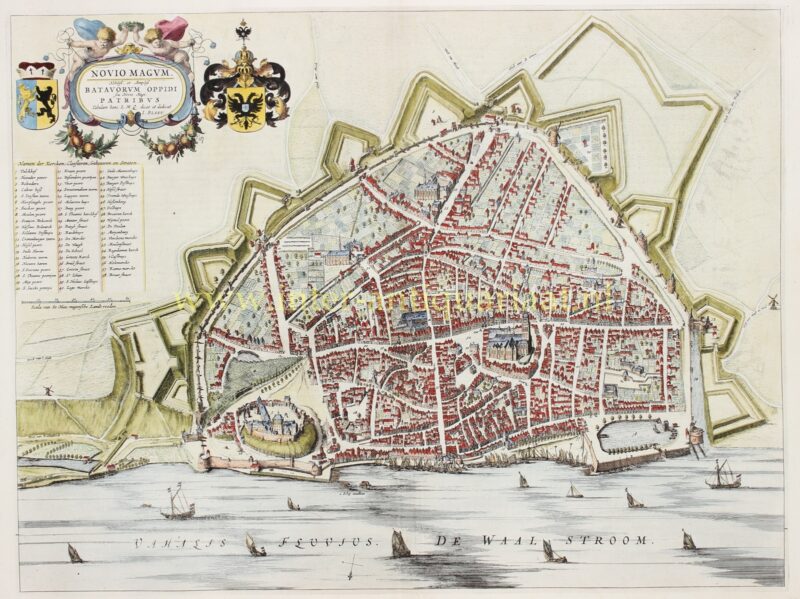 Oude kaart van Nijmegen uit 1649 door Joan Blaeu, met vestingwerken, de Waal, het Valkhof en de Sint-Stevenskerk.