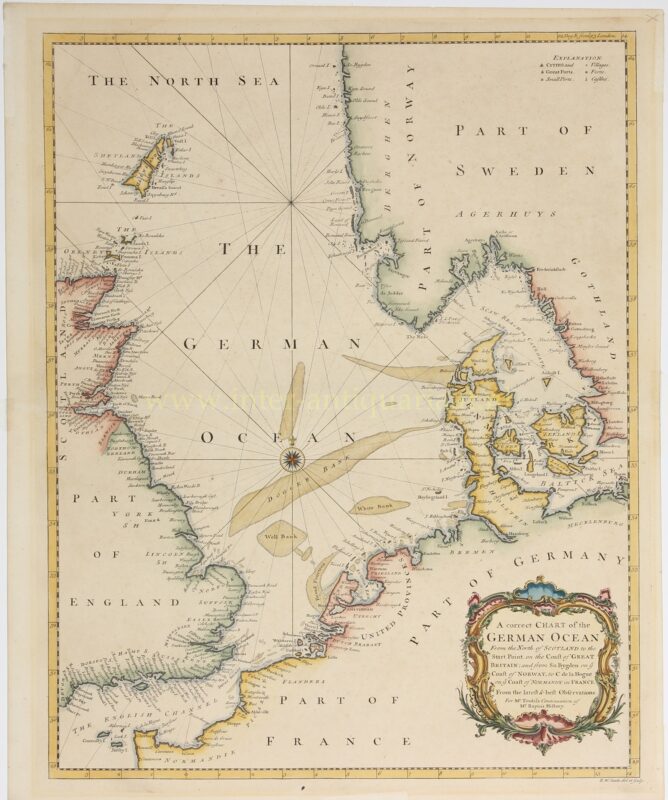 Antieke kaart van de Noordzee of German Ocean door R.W. Seale, ca. 1744