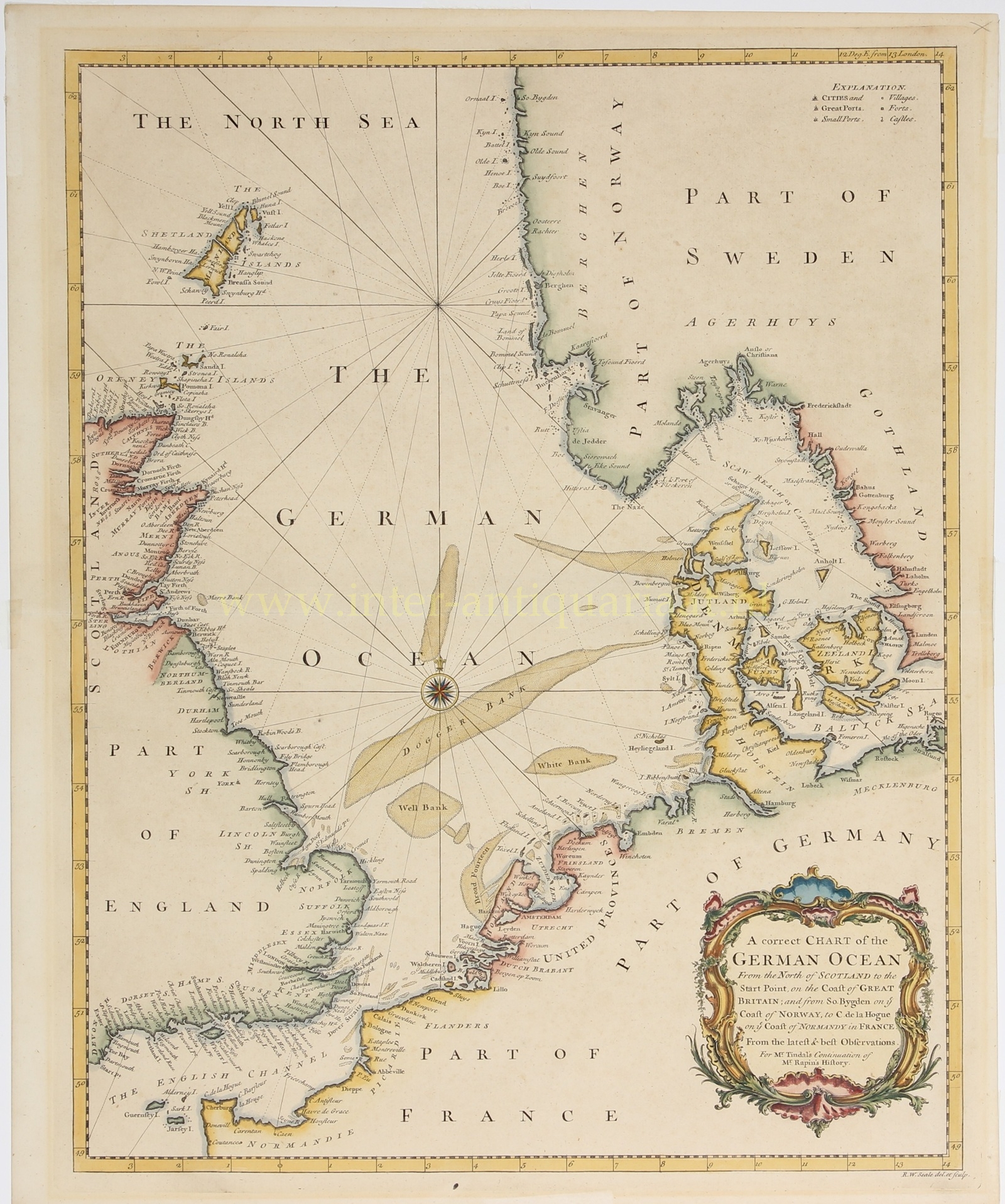 Antieke kaart van de Noordzee of German Ocean door R.W. Seale, ca. 1744