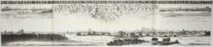 17de-eeuws kopergravure panorama van Neurenberg door Georg Christoph Eimmart en Jacob Sandrart met burcht, kerken en stadsmuren.