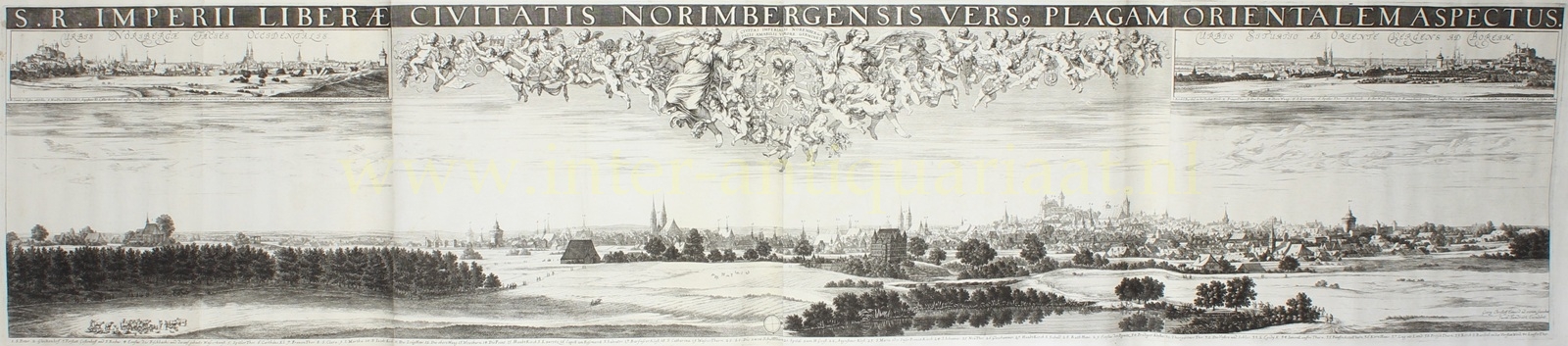 17de-eeuws kopergravure panorama van Neurenberg door Georg Christoph Eimmart en Jacob Sandrart met burcht, kerken en stadsmuren.