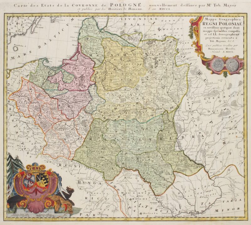 Oude handgekleurde kaart van Polen en Litouwen uit 1750 door Tobias Mayer, uitgegeven door de erfgenamen van Homann