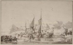 Prenttekening rivierlandschap met schepen naar Jacob Esselens, Ploos van Amstel, 1771