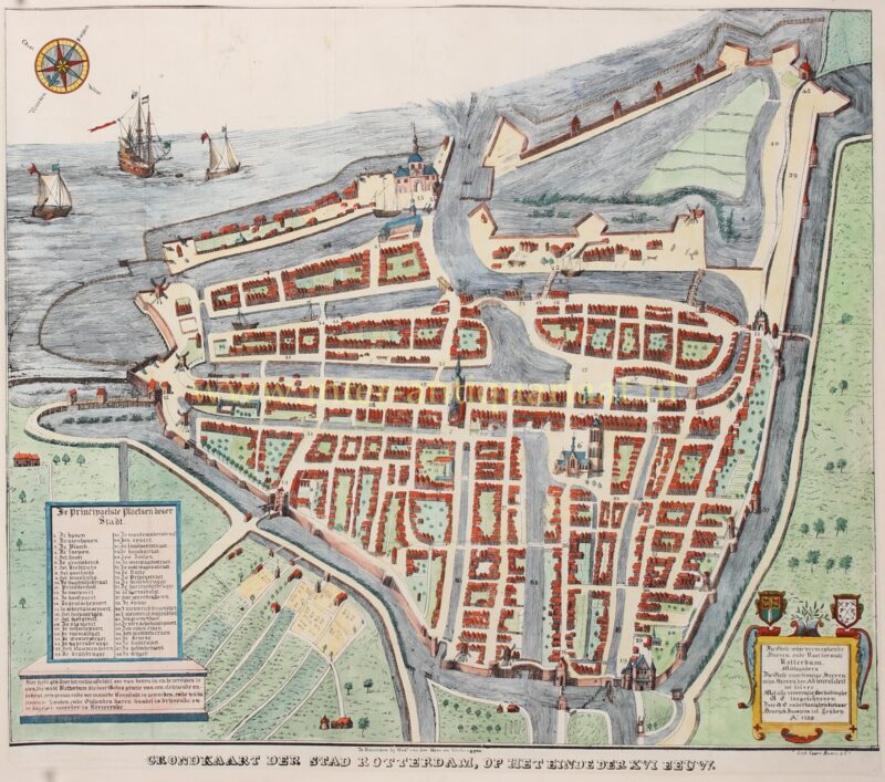 Lithografische plattegrond van Rotterdam naar de kaart van Hendrick Haestens uit 1599, met de Maas, havens, wallen en stadsdriehoek.