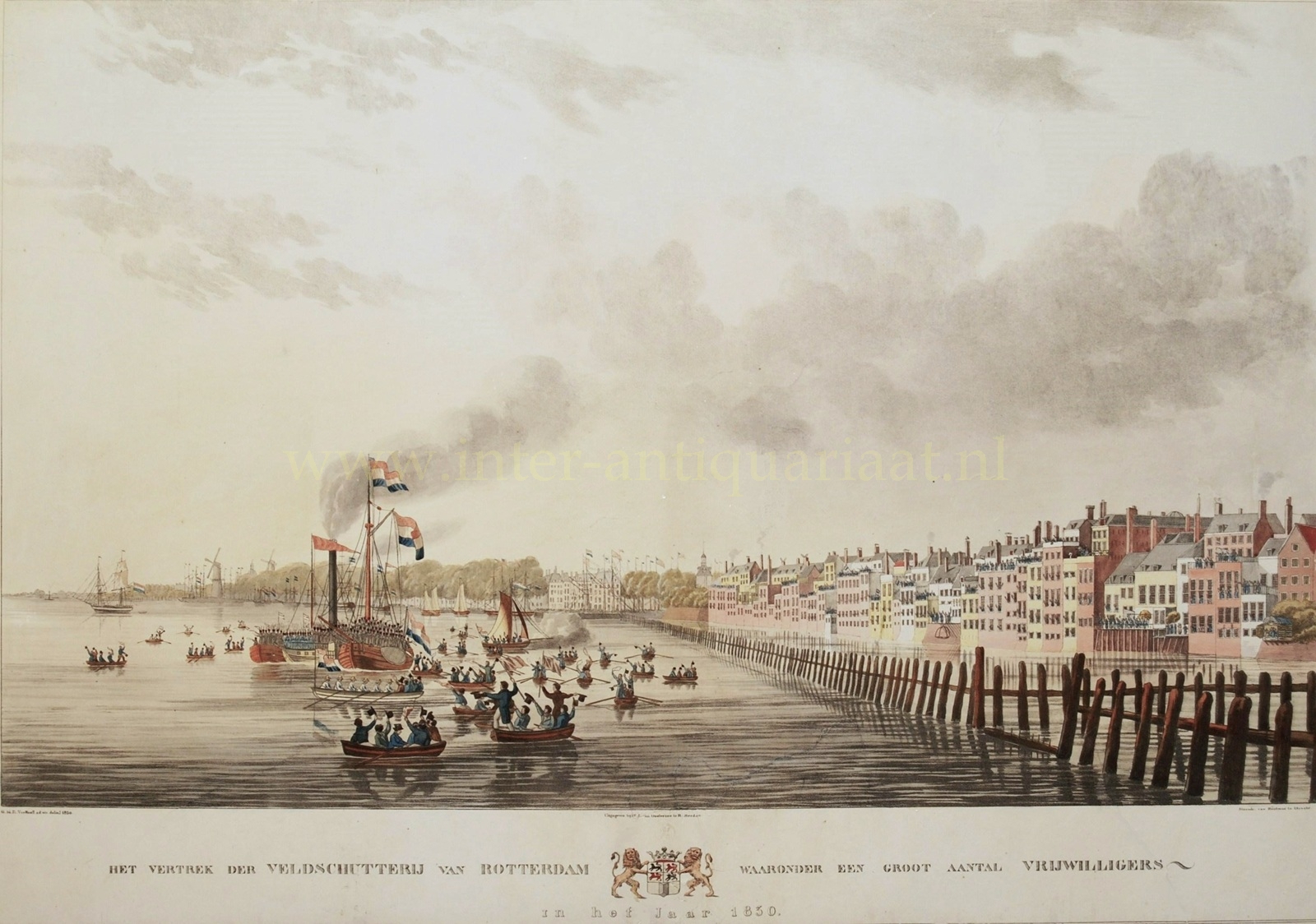 Antieke prent van Rotterdam uit 1830 met het vertrek van de veldschutterij, schepen en roeiboten op de Nieuwe Maas.