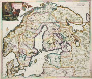 Handgekleurde kaart van Scandinavië door Justus Danckerts, originele gravure uit ca. 1687, met Zweden, Denemarken, Noorwegen, Finland en de Oostzee.