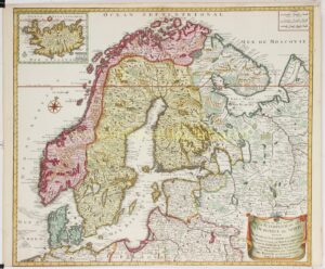 Antieke kaart van Scandinavië, de Oostzee en Rusland door Reinier en Josua Ottens, originele gravure uit ca. 1740, met bijkaart van IJsland.