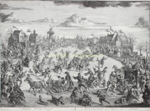 Oude prent van schaatsen op de bevroren Amstel in Amsterdam in 1752, met arrensleden en honderden schaatsers, door Abraham Zeeman