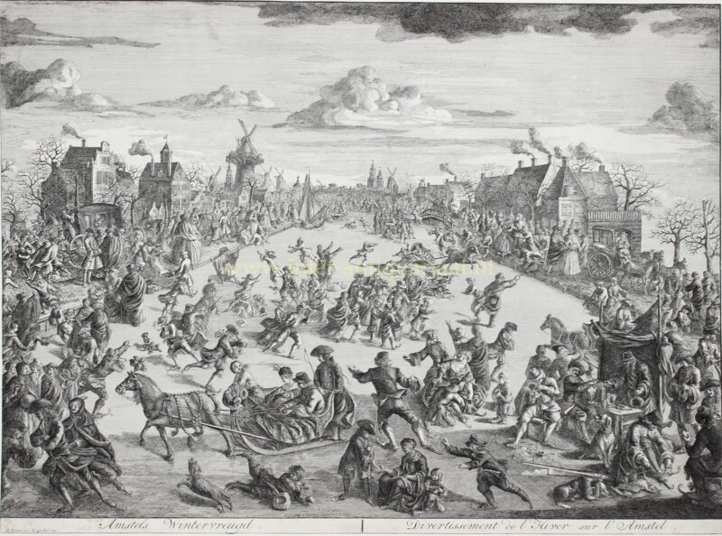 Oude prent van schaatsen op de bevroren Amstel in Amsterdam in 1752, met arrensleden en honderden schaatsers, door Abraham Zeeman