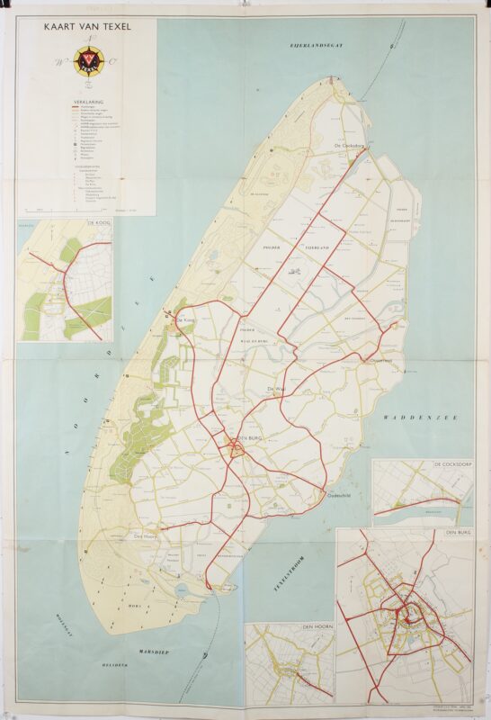 Kaart van Texel uit 1962, uitgegeven door V.V.V. Texel, met plattegronden van Den Burg, De Koog, De Cocksdorp en Den Hoorn.