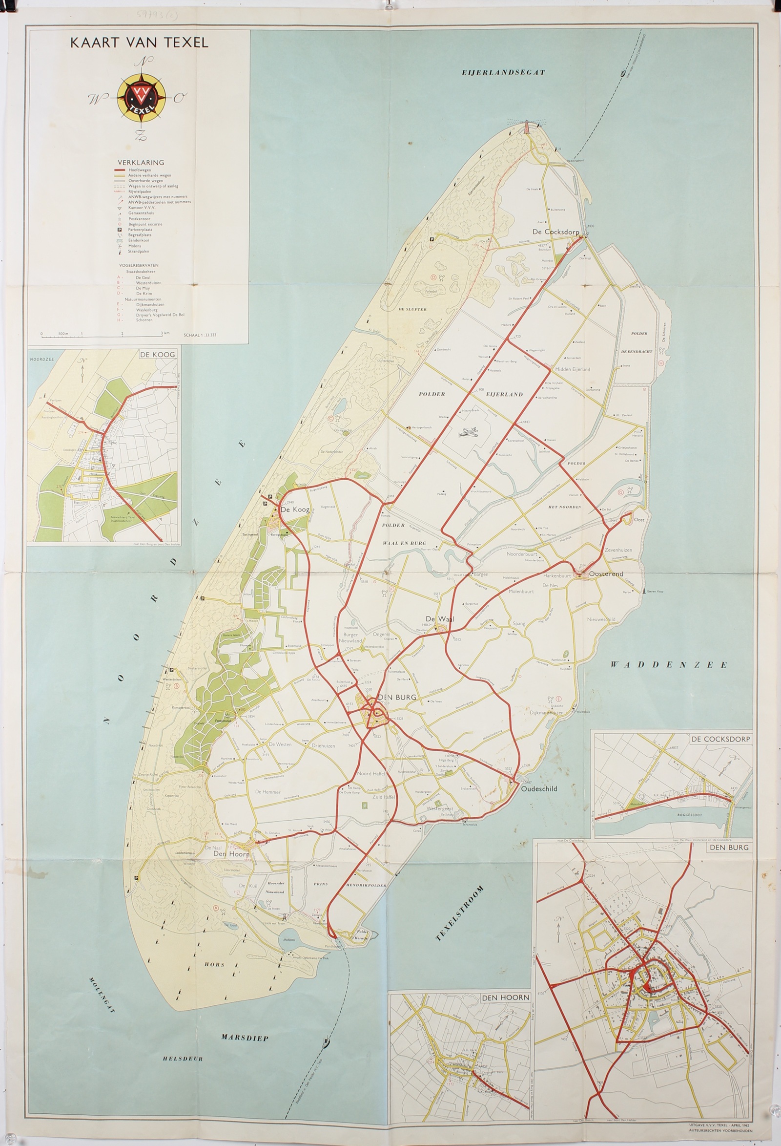 Kaart van Texel uit 1962, uitgegeven door V.V.V. Texel, met plattegronden van Den Burg, De Koog, De Cocksdorp en Den Hoorn.