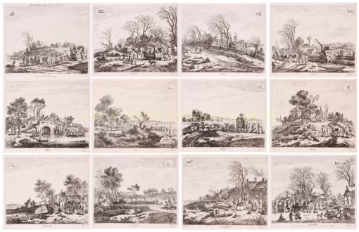 Landschappen die de twaalf maanden van het jaar voorstellen. 18e-eeuwse etsen naar tekeningen van Pieter de Molijn.