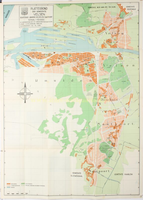 Plattegrond van de gemeente Velsen met IJmuiden, Velsen, Driehuis en Santpoort, uitgegeven in 1933 door G. Eikelenboom te Haarlem.