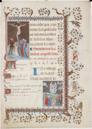 Verlucht perkamenten manuscriptblad Frankrijk 16de eeuw met Kruisiging en Hemelvaart