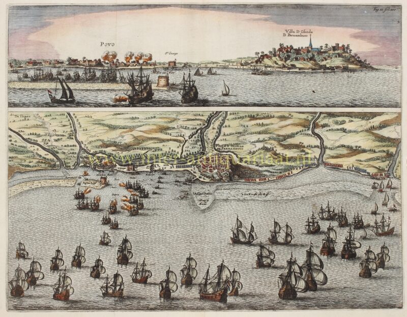 originele antieke gravure van de verovering van Olinda in Brazilië door Hendrick Loncq 1631