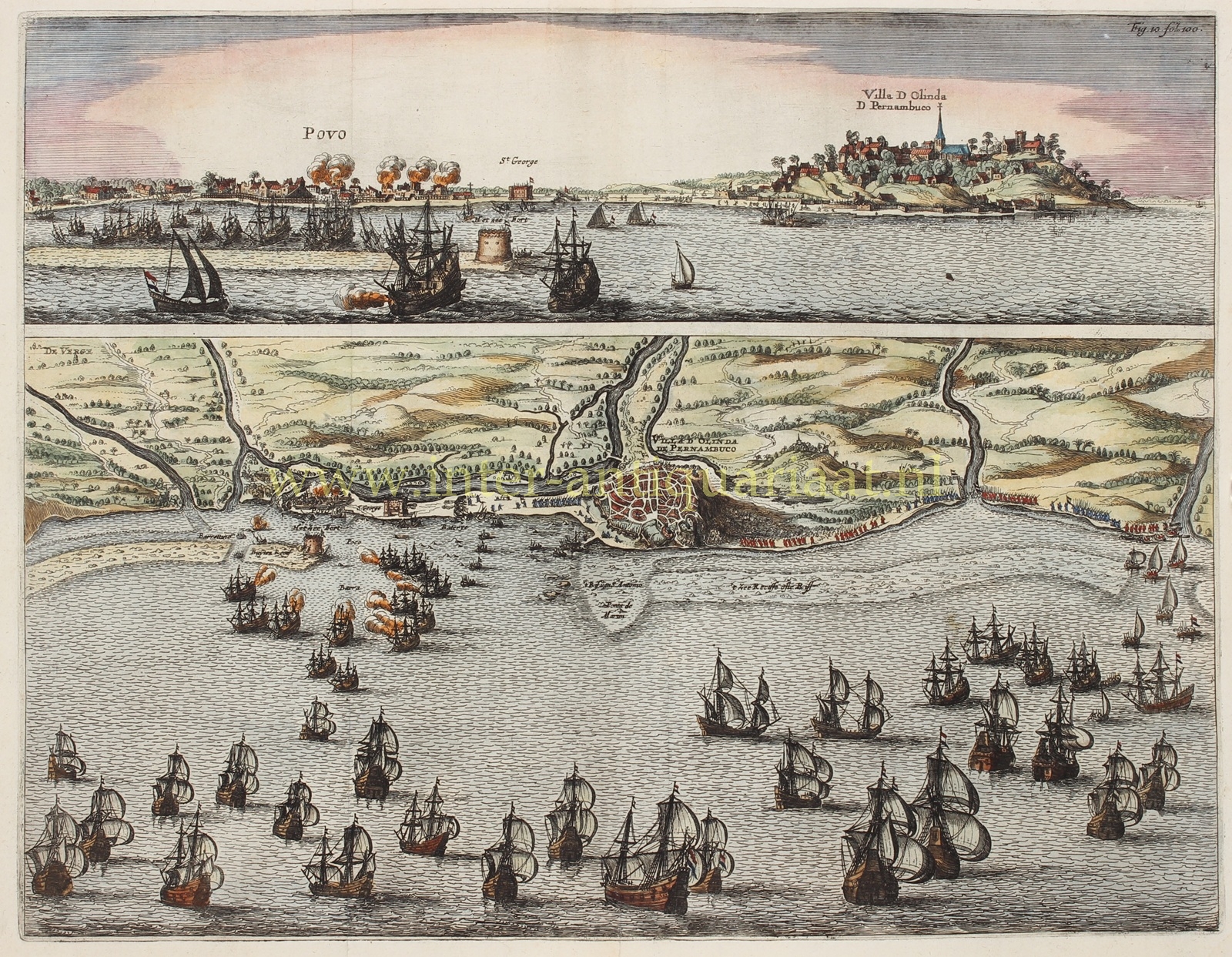 originele antieke gravure van de verovering van Olinda in Brazilië door Hendrick Loncq 1631