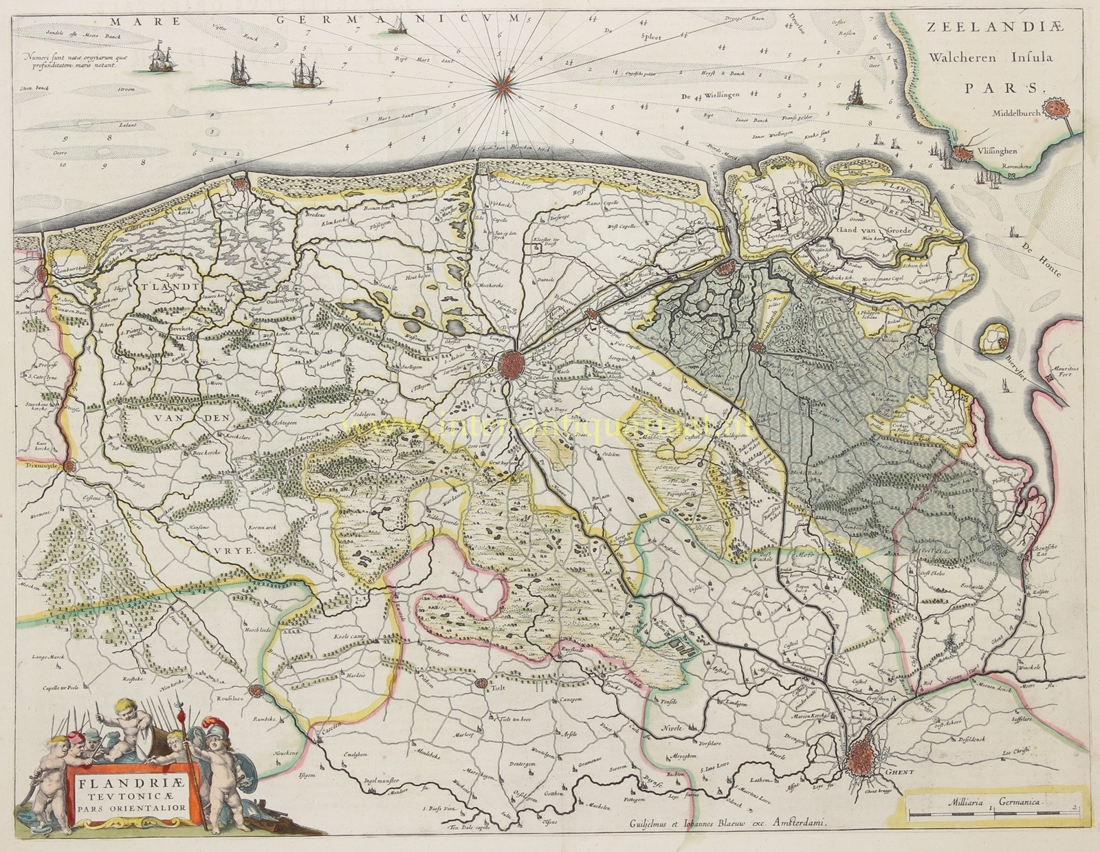 Antieke kaart van Vlaanderen met Brugge, Gent en de Vlaamse kust, handgekleurde kopergravure van Blaeu, ca. 1645