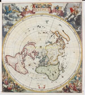 Originele antieke wereldkaart in poolprojectie van Jacob Robyn, uitgegeven door Cornelis Danckerts rond 1700.