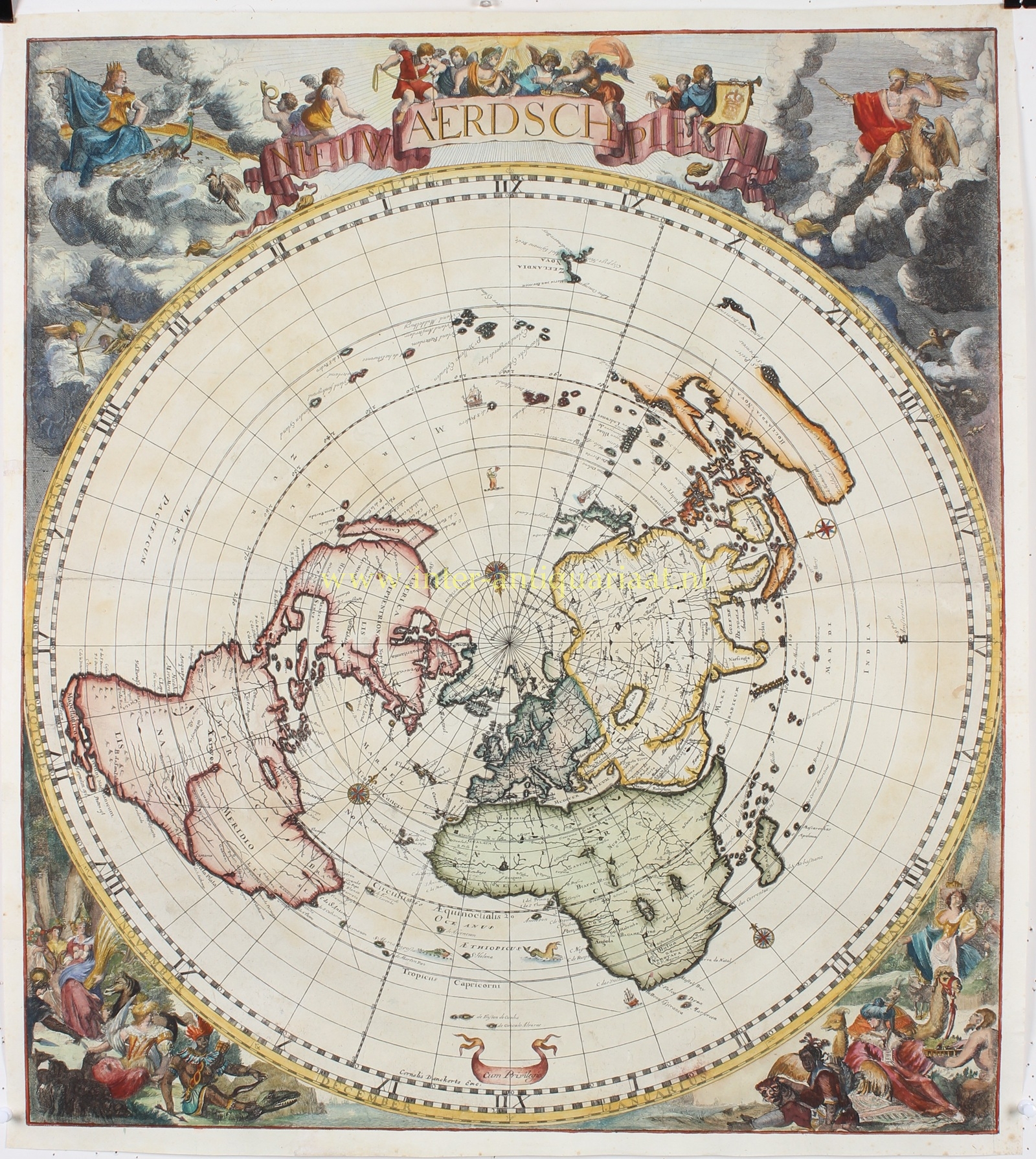 Originele antieke wereldkaart in poolprojectie van Jacob Robyn, uitgegeven door Cornelis Danckerts rond 1700.