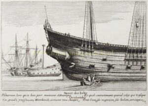 Navire des Indes Occidentales, 17e-eeuwse ets naar Wenceslaus Hollar met een groot West-Indisch koopvaardijschip in de haven.