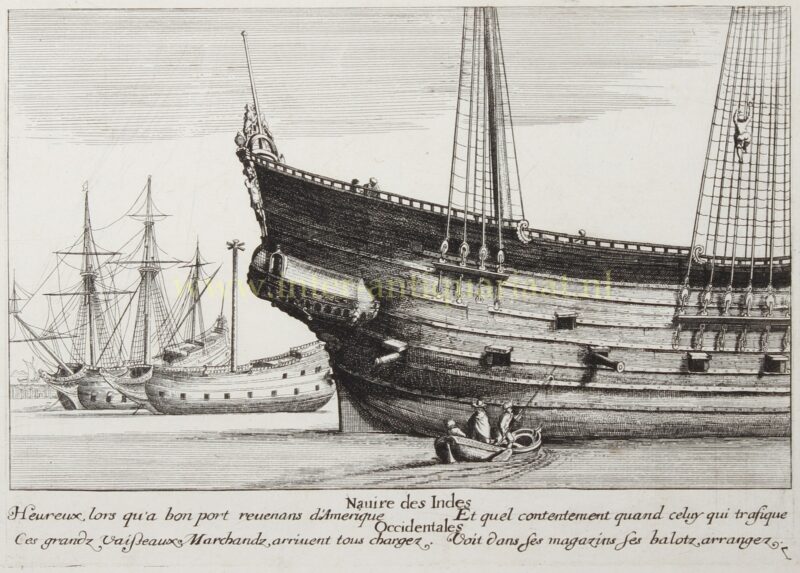 Navire des Indes Occidentales, 17e-eeuwse ets naar Wenceslaus Hollar met een groot West-Indisch koopvaardijschip in de haven.