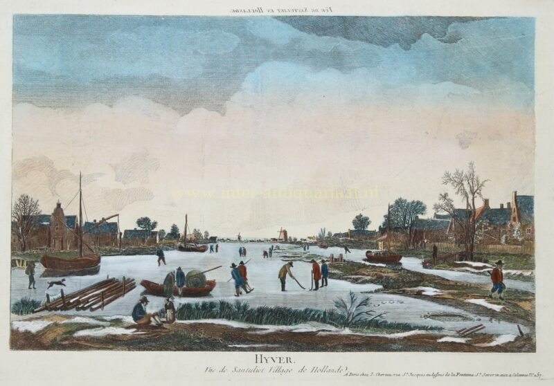 Antieke handgekleurde prent met schaatsers, kolfspelers en zeilschepen op een bevroren vaart bij Zandvliet, ca. 1780