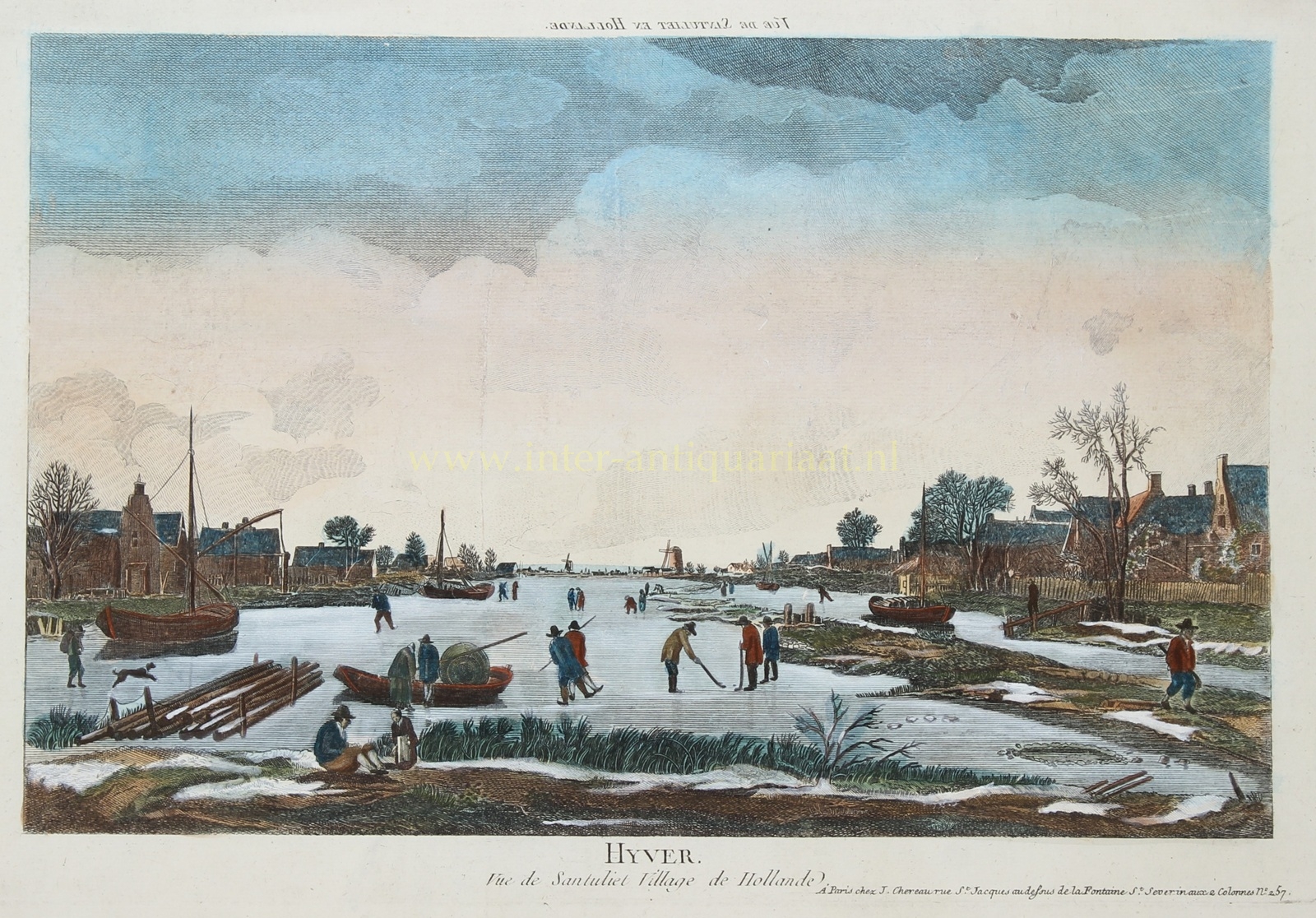 Antieke handgekleurde prent met schaatsers, kolfspelers en zeilschepen op een bevroren vaart bij Zandvliet, ca. 1780