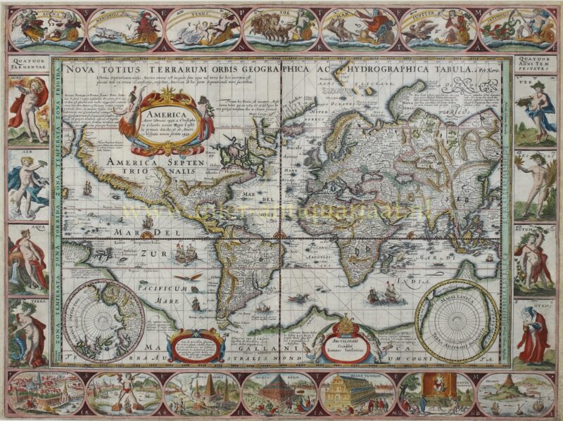 Wereldkaart van Pieter van den Keere, Nova Totius Terrarum Orbis, kopergravure uit 1608, uitgegeven door Johannes Janssonius, met rijk versierde randen.