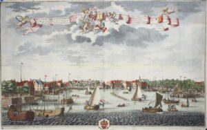 Antieke prent van Zaandam ca. 1730 met scheepswerven en schepen op de Zaan, Hendrik de Leth