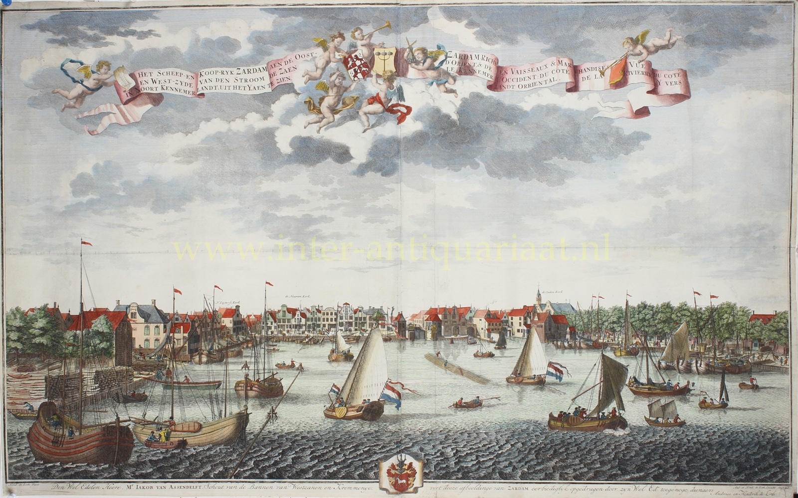 Antieke prent van Zaandam ca. 1730 met scheepswerven en schepen op de Zaan, Hendrik de Leth