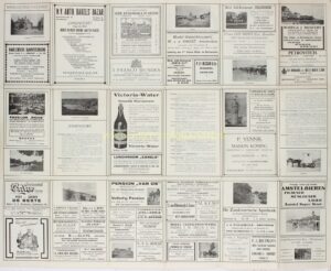Toeristische kaart van Zandvoort uit 1928 met historische foto's en advertenties voor hotels, pensions en winkels.